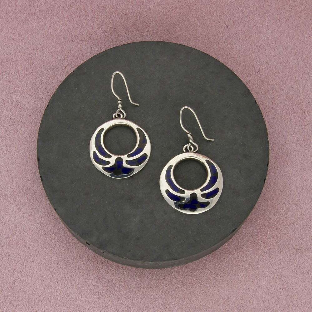 taxco mexico sterling silver vintage lapis circle dangle earrings